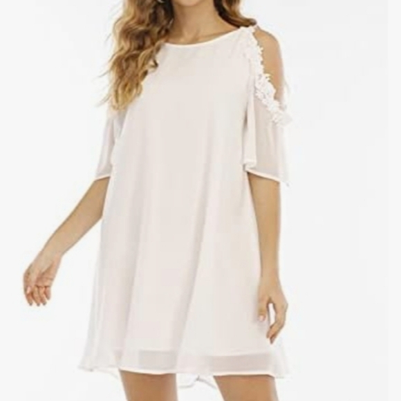 Roiii Bright White Chiffon Cold Shoulder Dress with Embroidered Trim Size 2XL - Picture 3 of 11